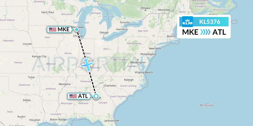 KL5376 KLM Flight Map: Milwaukee to Atlanta