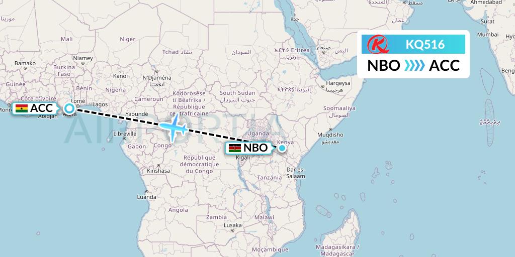 KQ516 Kenya Airways Flight Map: Nairobi to Accra