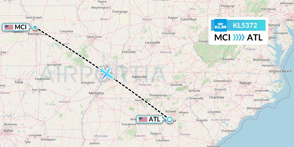 KL5372 KLM Flight Map: Kansas City to Atlanta