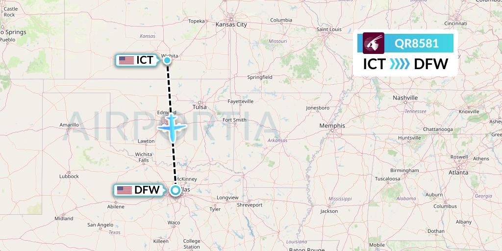 QR8581 Qatar Airways Flight Map: Wichita to Dallas