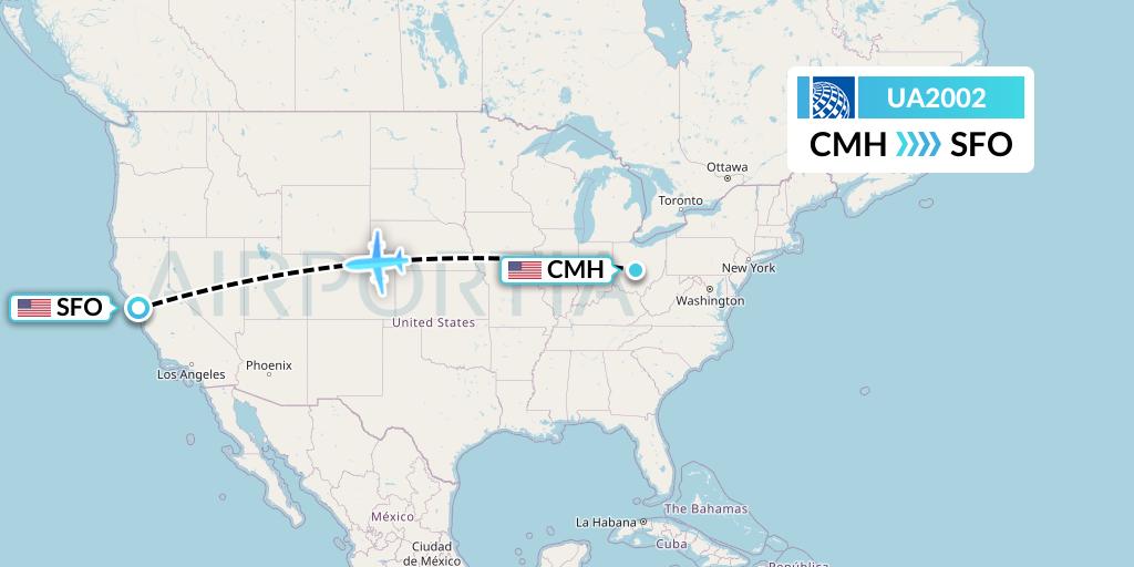 UA2002 United Airlines Flight Map: Columbus to San Francisco