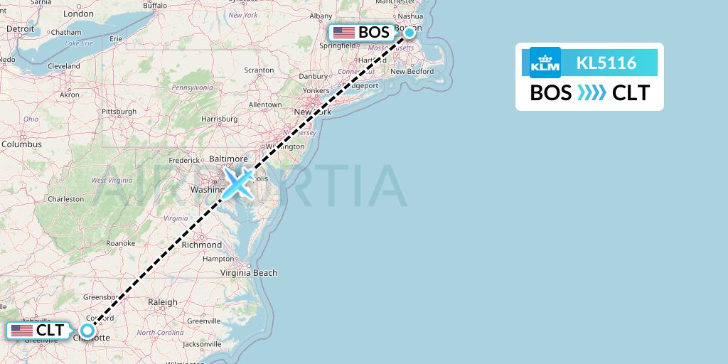 KL5116 KLM Flight Map: Boston to Charlotte