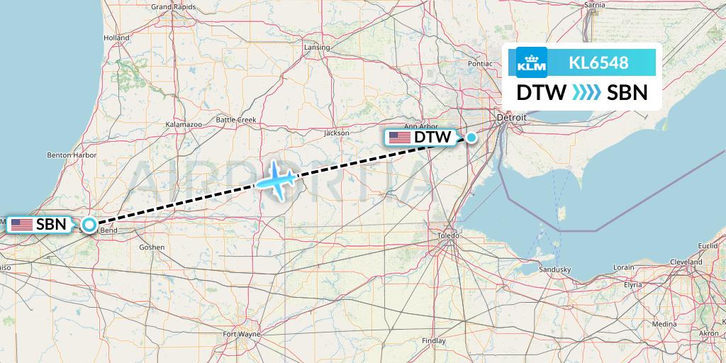 KL6548 KLM Flight Map: Detroit to South Bend