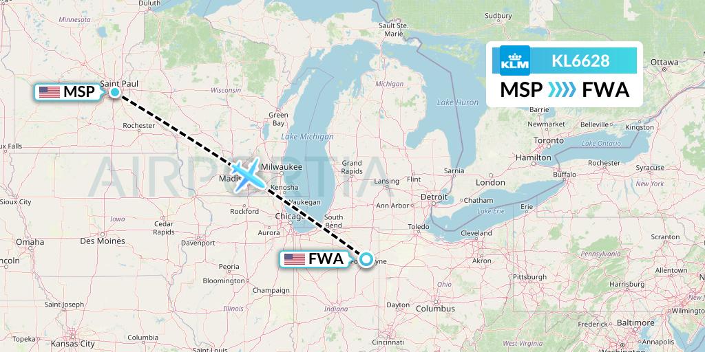KL6628 KLM Flight Map: Minneapolis to Fort Wayne