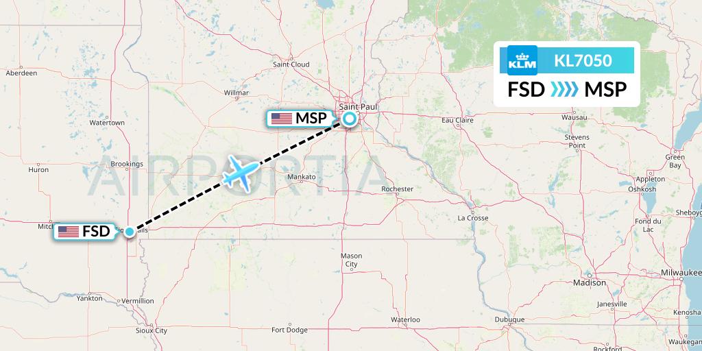 KL7050 KLM Flight Map: Sioux Falls to Minneapolis