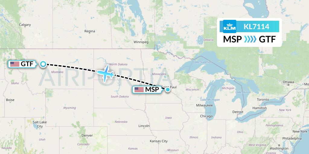 KL7114 KLM Flight Map: Minneapolis to Great Falls