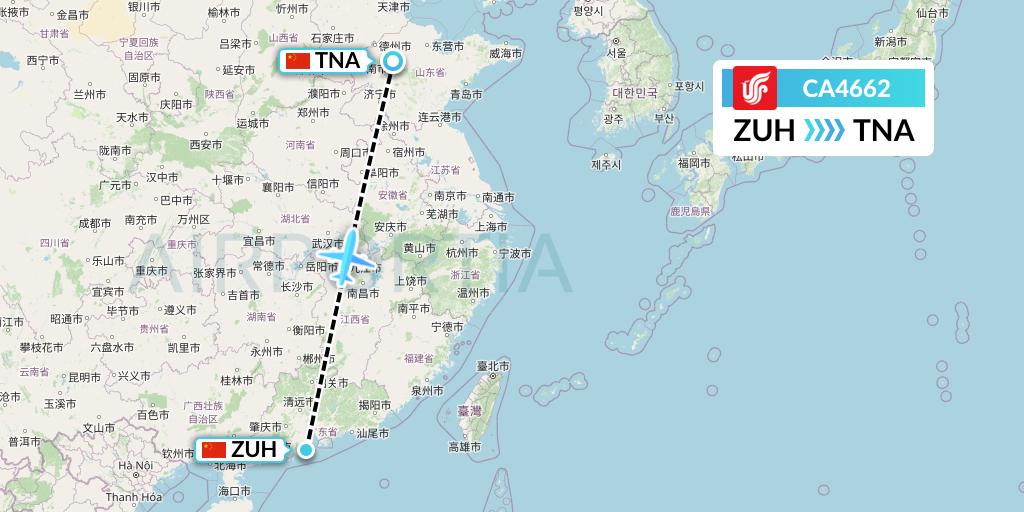 CA4662 Air China Flight Map: Zhuhai to Jinan