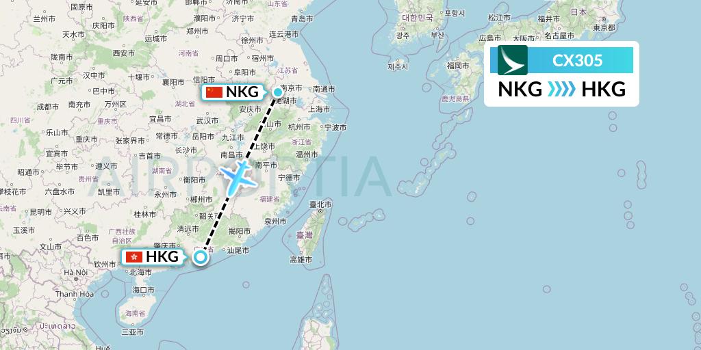 CX305 Cathay Pacific Flight Map: Nanjing to Hong Kong