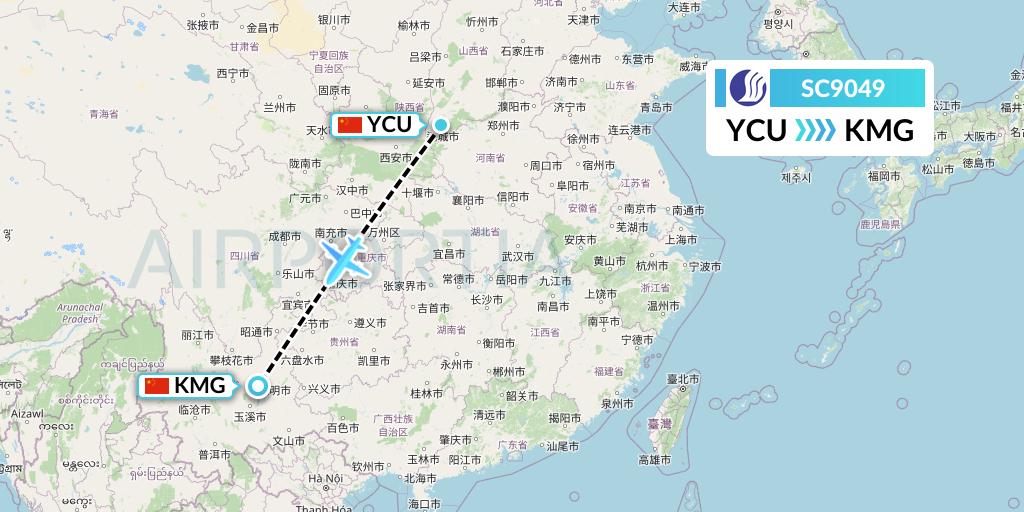 SC9049 Shandong Airlines Flight Map: Yuncheng to Kunming