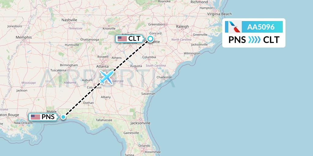 AA5096 American Airlines Flight Map: Pensacola to Charlotte