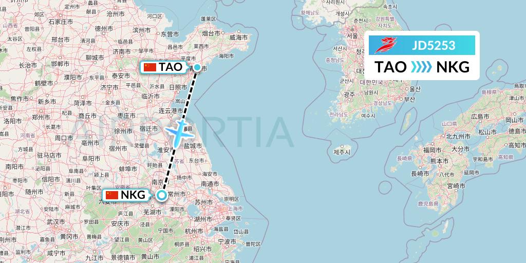 JD5253 Capital Airlines Flight Map: Qingdao to Nanjing