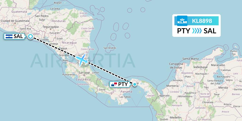 KL8898 KLM Flight Map: Panama City to San Salvador
