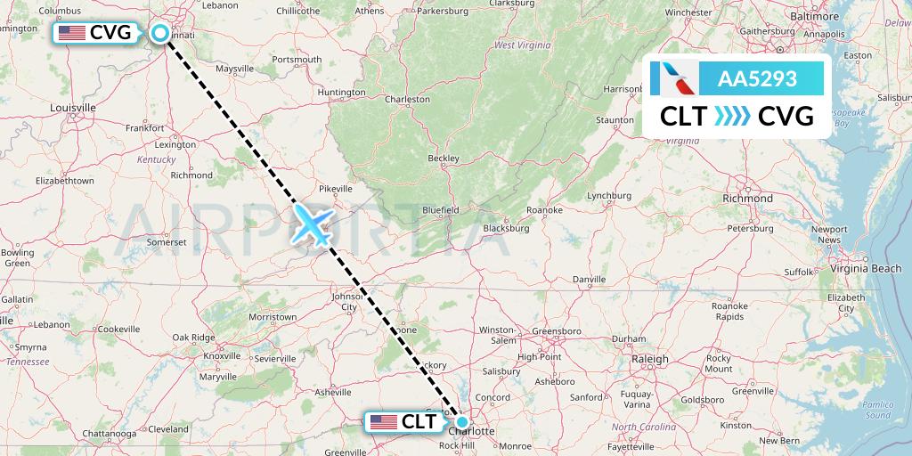 AA5293 American Airlines Flight Map: Charlotte to Cincinnati