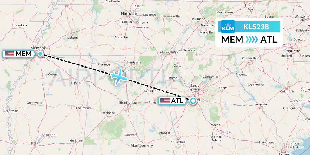 KL5238 KLM Flight Map: Memphis to Atlanta