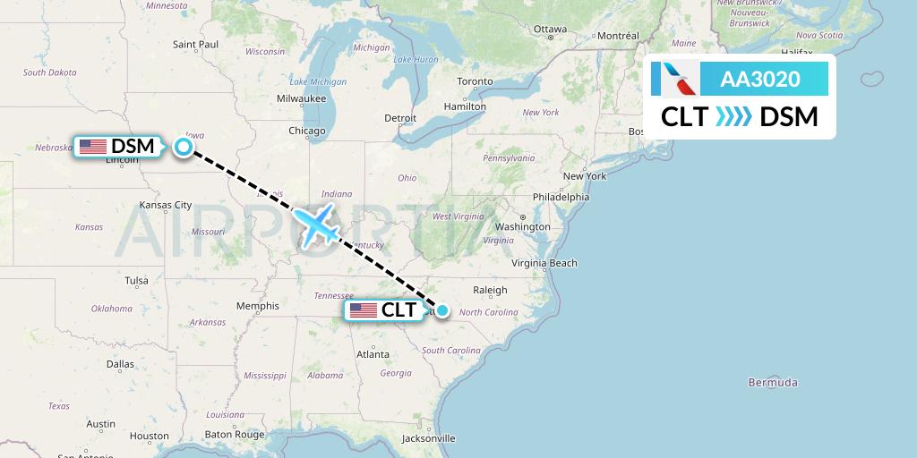 AA3020 American Airlines Flight Map: Charlotte to Des Moines