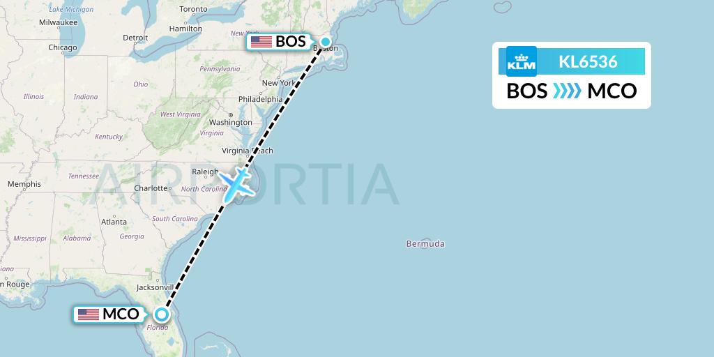 KL6536 KLM Flight Map: Boston to Orlando