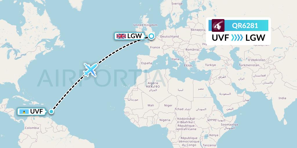 QR6281 Qatar Airways Flight Map: Vieux Fort to London