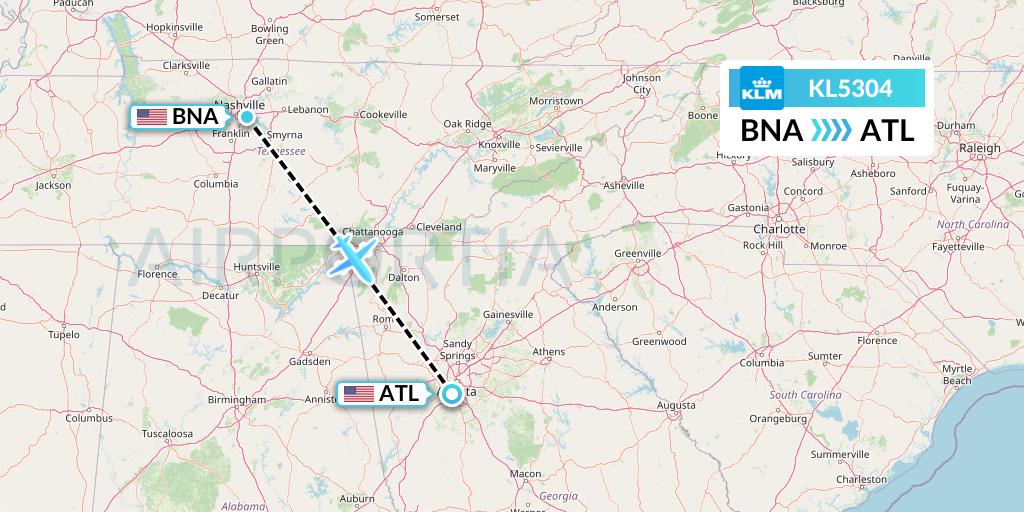 KL5304 KLM Flight Map: Nashville to Atlanta
