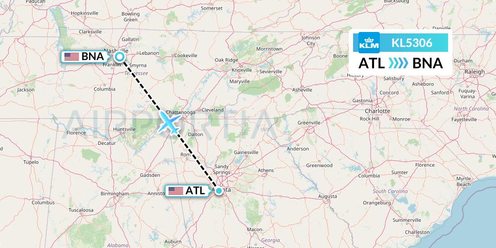 KL5306 KLM Flight Map: Atlanta to Nashville