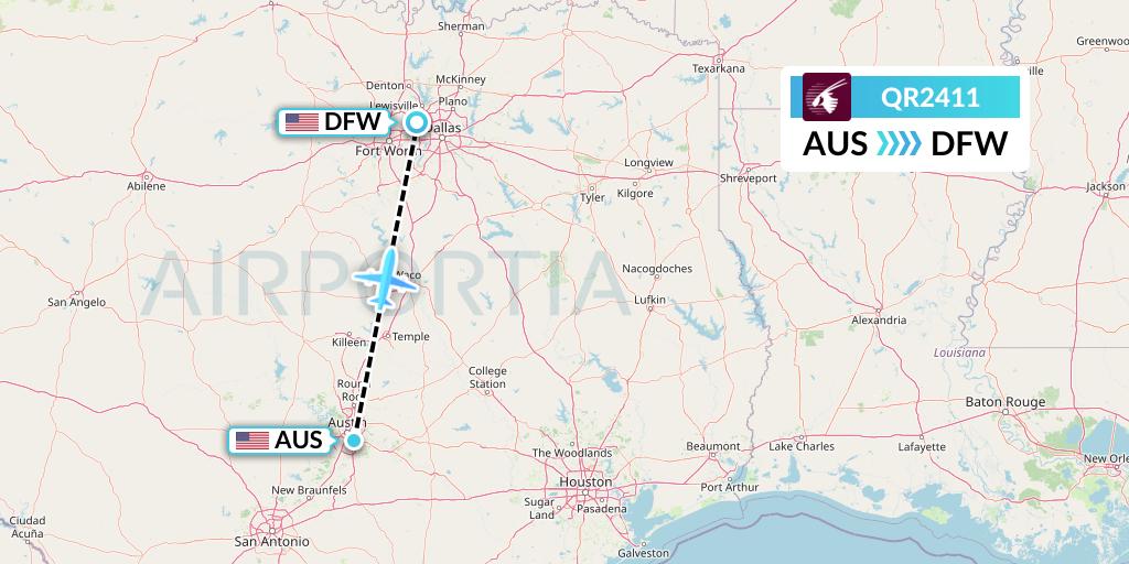 QR2411 Qatar Airways Flight Map: Austin to Dallas