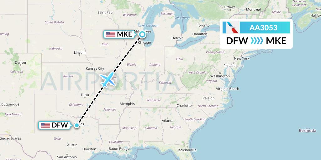 AA3053 American Airlines Flight Map: Dallas to Milwaukee