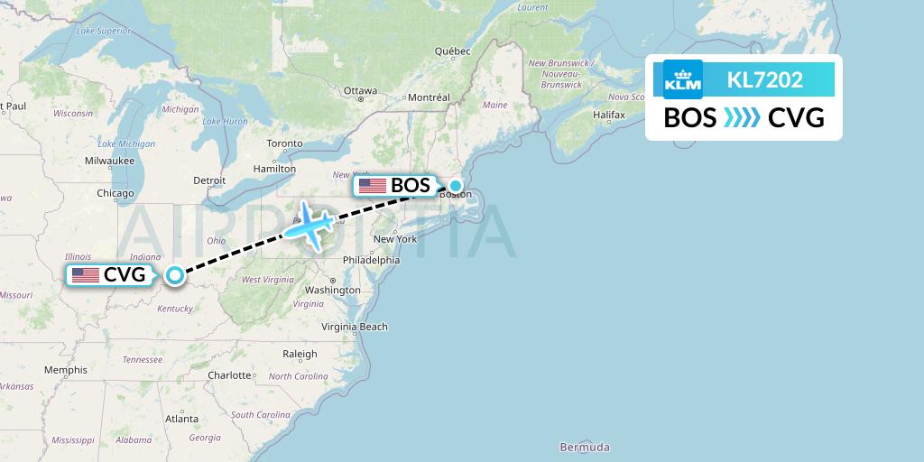 KL7202 KLM Flight Map: Boston to Cincinnati