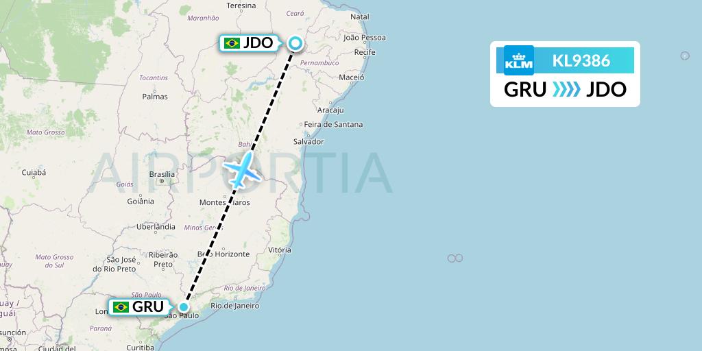 KL9386 KLM Flight Map: Sao Paulo to Juazeiro Do Norte