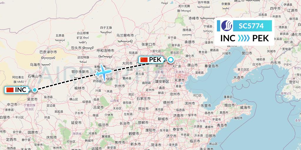 SC5774 Shandong Airlines Flight Map: Yinchuan to Beijing