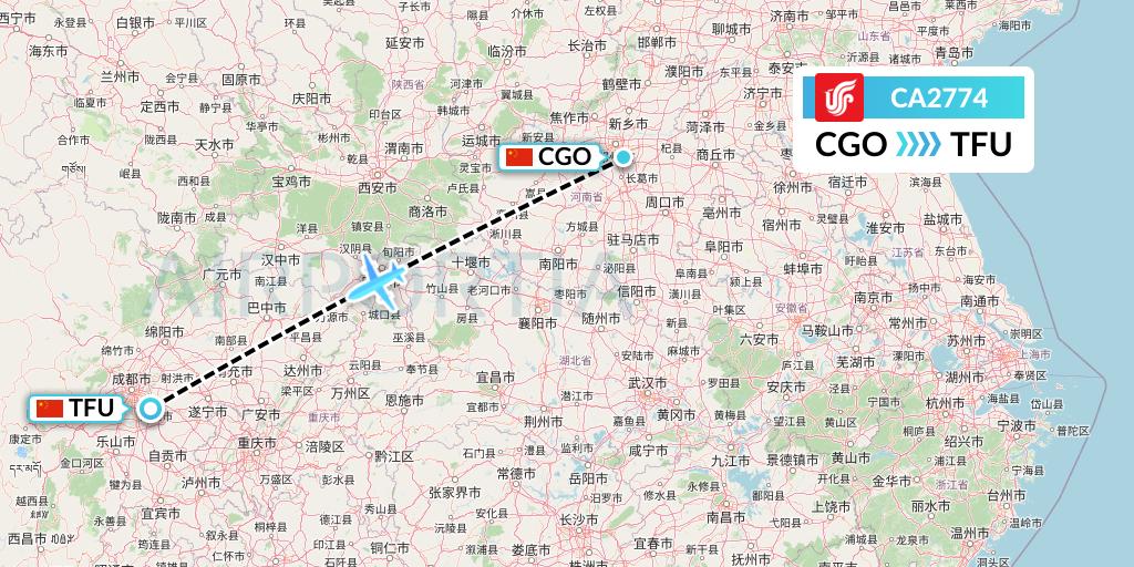 CA2774 Air China Flight Map: Zhengzhou to Chengdu