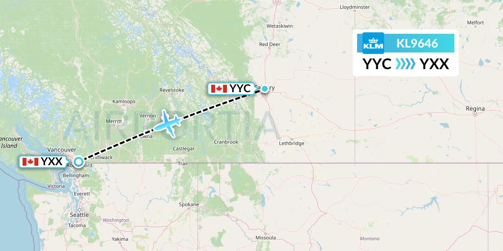 KL9646 KLM Flight Map: Calgary to Abbotsford