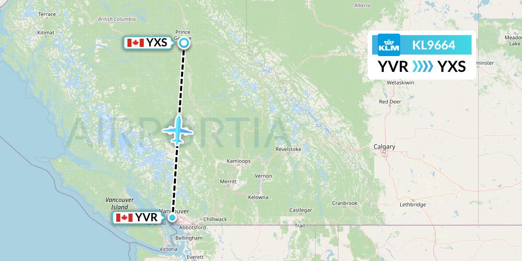 KL9664 KLM Flight Map: Vancouver to Prince George