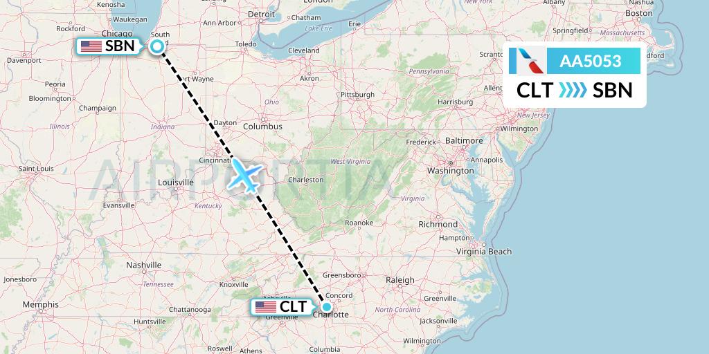AA5053 American Airlines Flight Map: Charlotte to South Bend