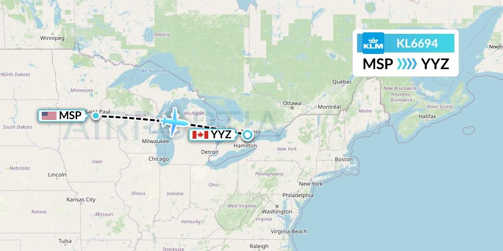 KL6694 KLM Flight Map: Minneapolis to Toronto