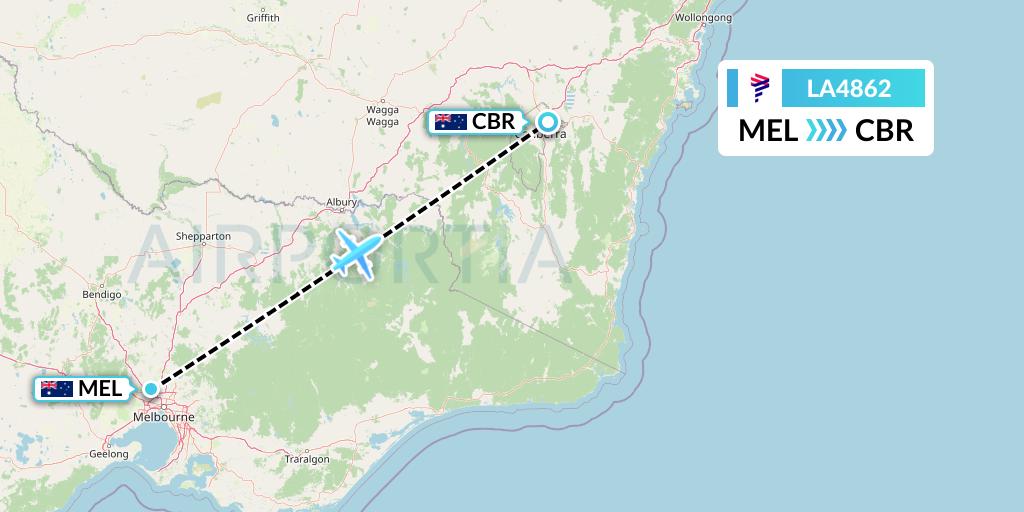 LA4862 LAN Airlines Flight Map: Melbourne to Canberra