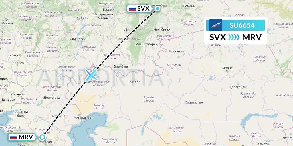 SU6654 Aeroflot Flight Map: Yekaterinburg to Mineralnye Vody