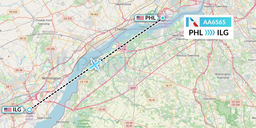 AA6565 American Airlines Flight Map: Philadelphia to Wilmington