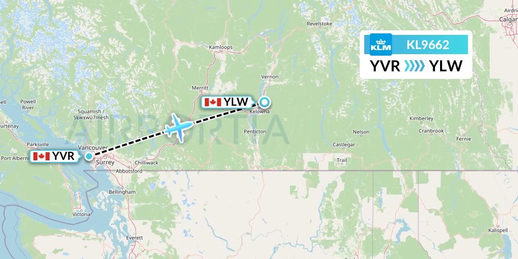 KL9662 KLM Flight Map: Vancouver to Kelowna