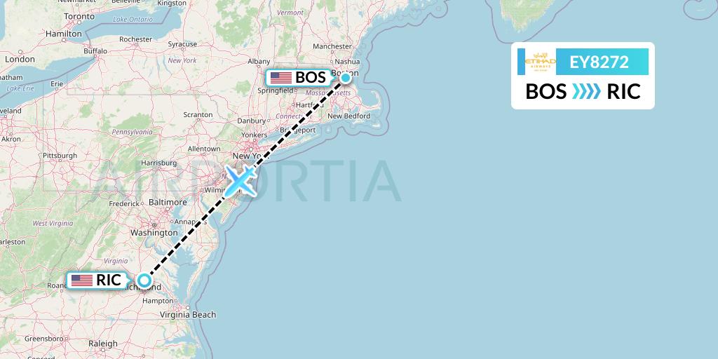 EY8272 Etihad Airways Flight Map: Boston to Richmond