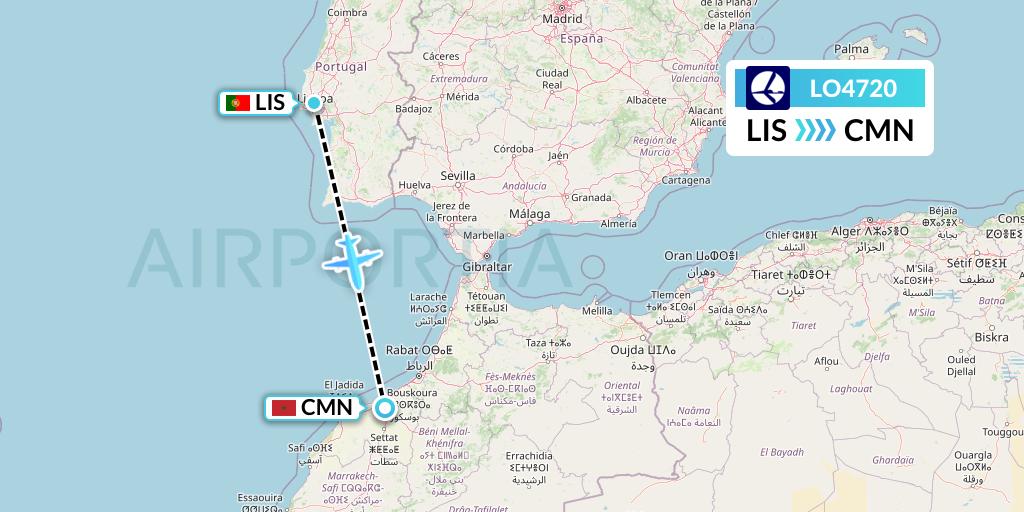 LO4720 LOT Flight Map: Lisbon to Casablanca