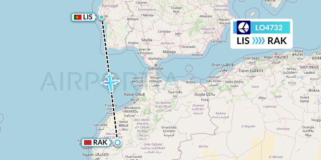 LO4732 LOT Flight Map: Lisbon to Marrakesh