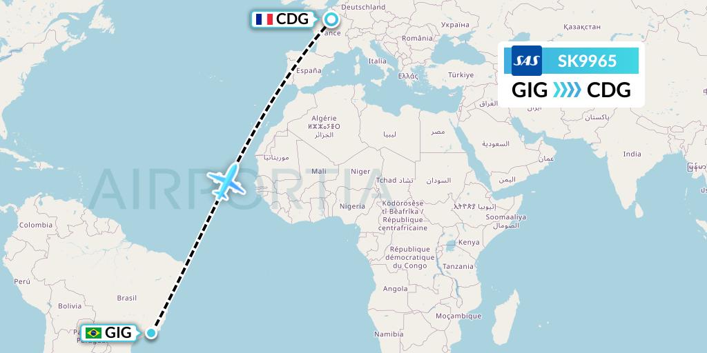 SK9965 SAS Flight Map: Rio de Janeiro to Paris