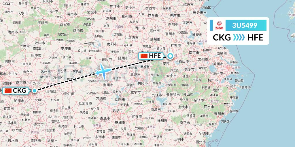 3U5499 Sichuan Airlines Flight Map: Chongqing to Hefei