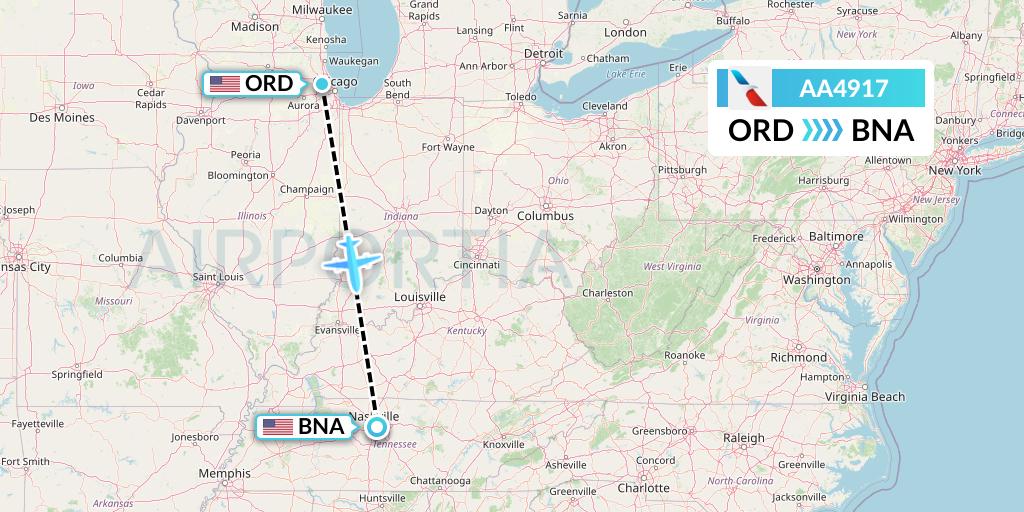 AA4917 American Airlines Flight Map: Chicago to Nashville