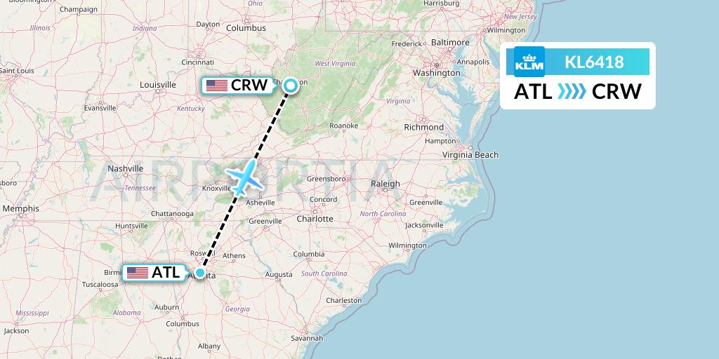 KL6418 KLM Flight Map: Atlanta to Charleston