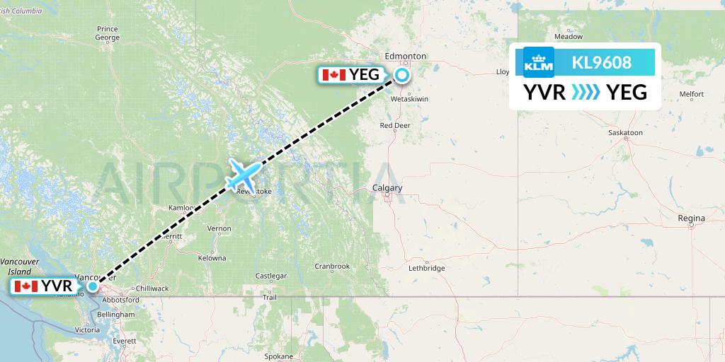 KL9608 KLM Flight Map: Vancouver to Edmonton
