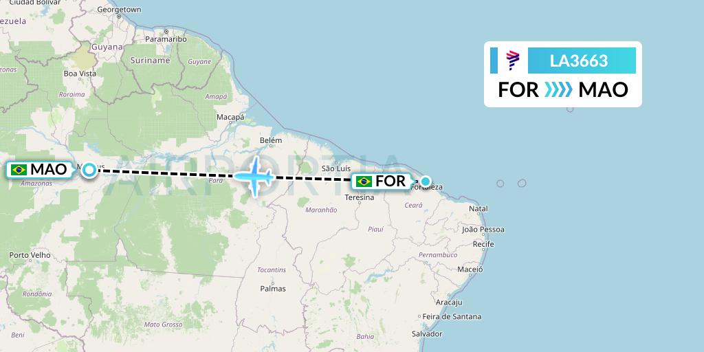 LA3663 LAN Airlines Flight Map: Fortaleza to Manaus