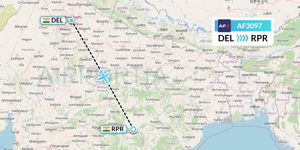 AF3097 Air France Flight Map: Delhi to Raipur