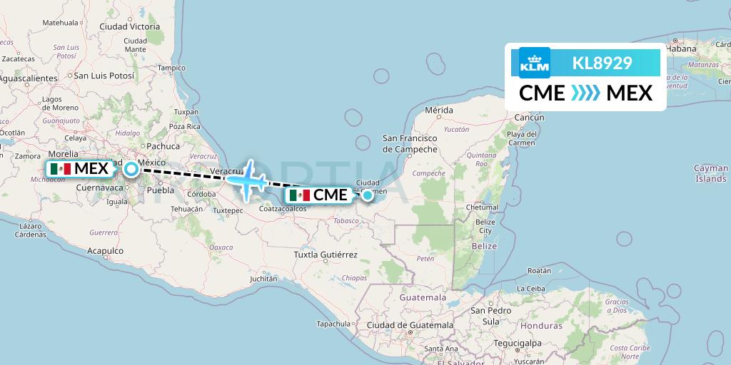 KL8929 KLM Flight Map: Ciudad del Carmen to Mexico City