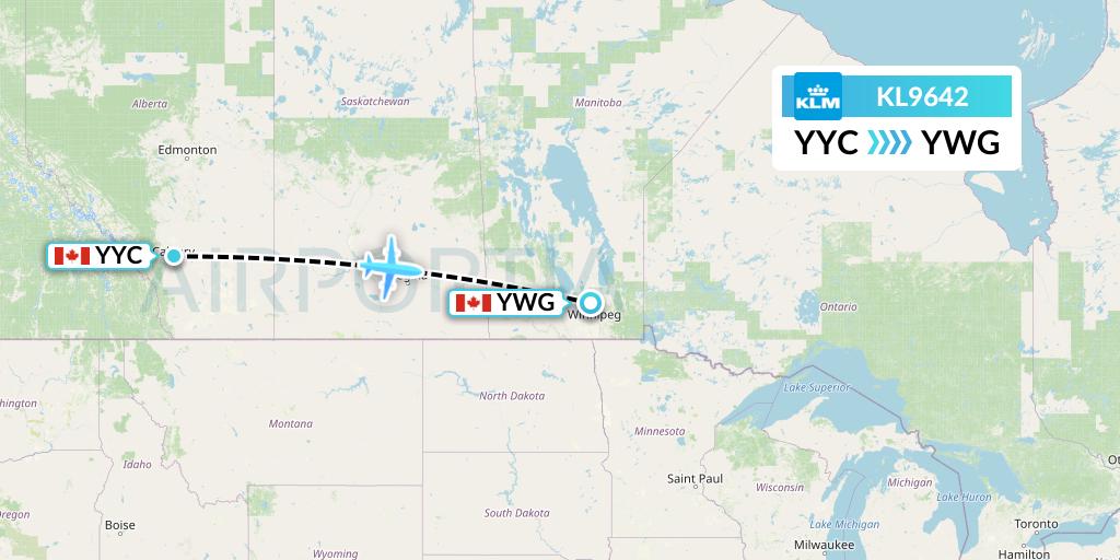 KL9642 KLM Flight Map: Calgary to Winnipeg