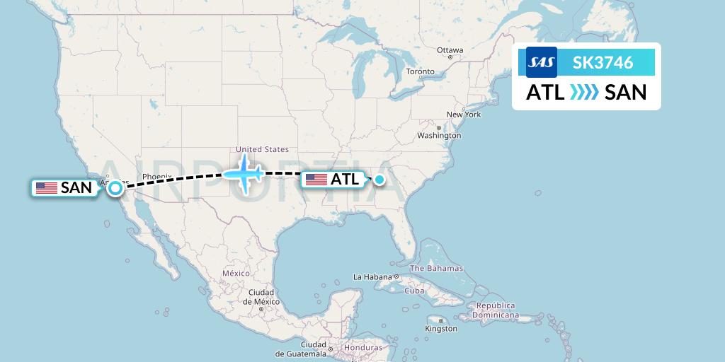 SK3746 SAS Flight Map: Atlanta to San Diego